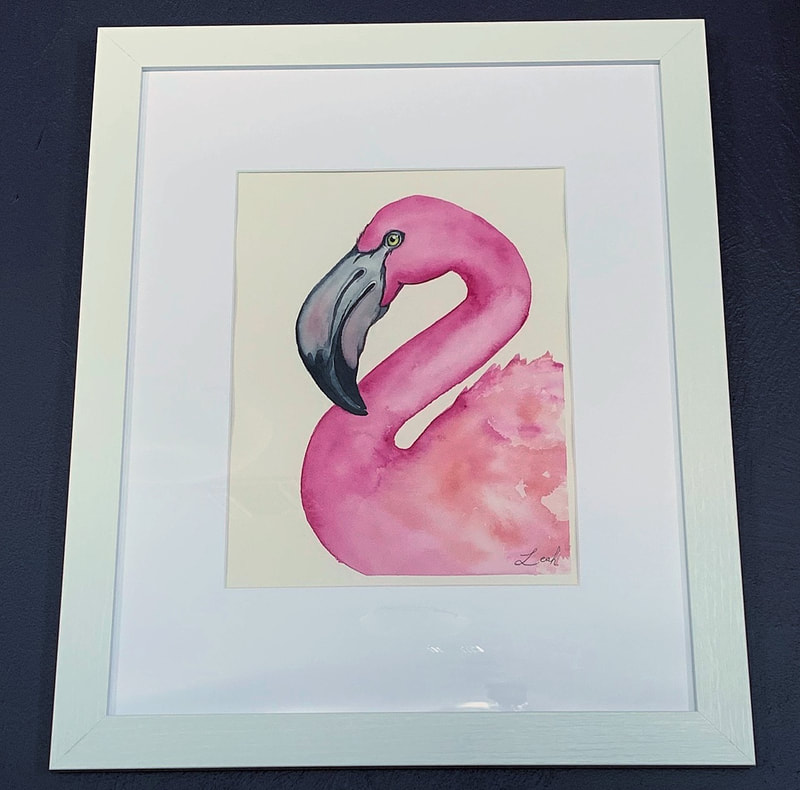 Framed flamingo watercolor painting