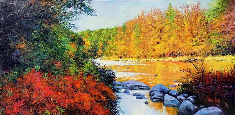 Scenic river painting. Autumn fall artwork.