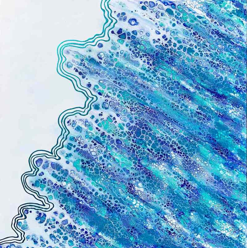 Abstract beach wave painting in shades of blue and teal.