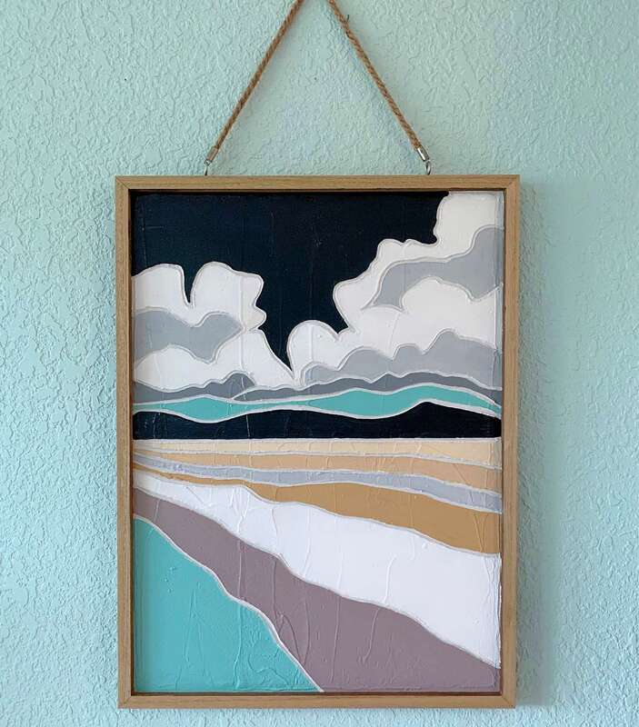 Clouds mountain beach painting