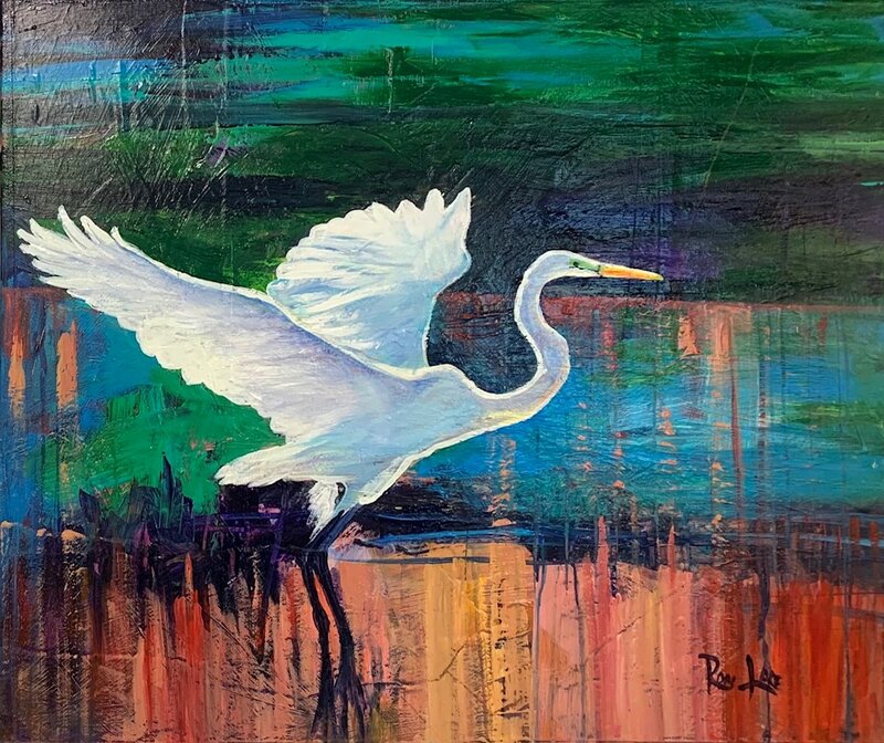 White heron colorful painting. White bird art.