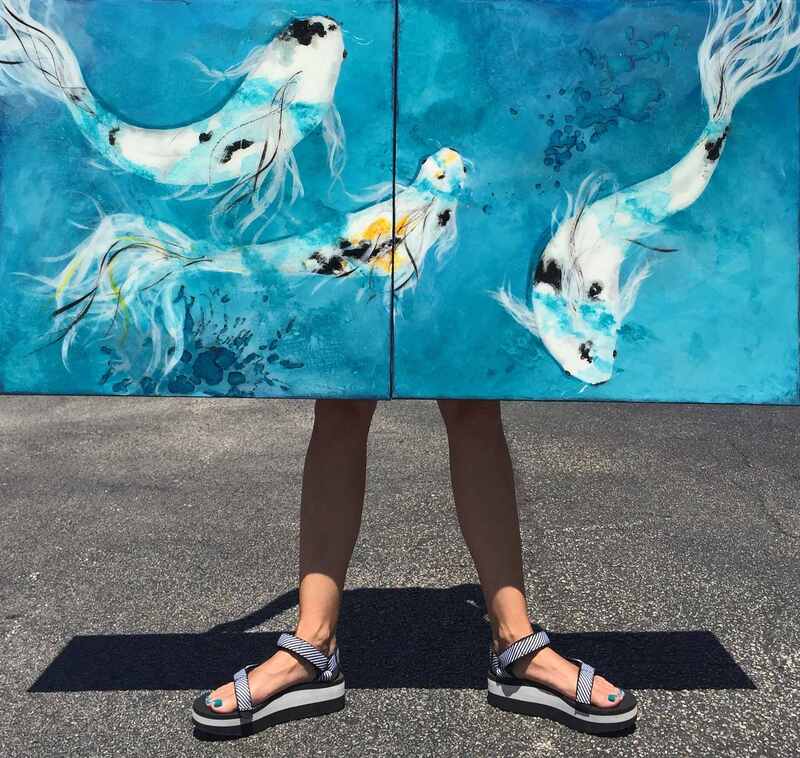 Shades of blue fantasy koi painting on two canvases with epoxy resin.