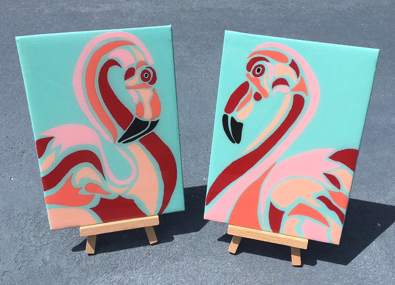 Original small flamingo tree paintings.