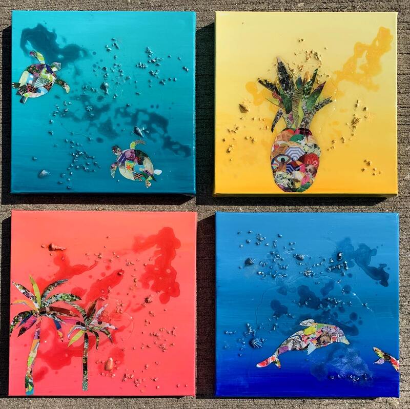 Turtle painting, pineapple art, palm tree artwork, dolphin painting