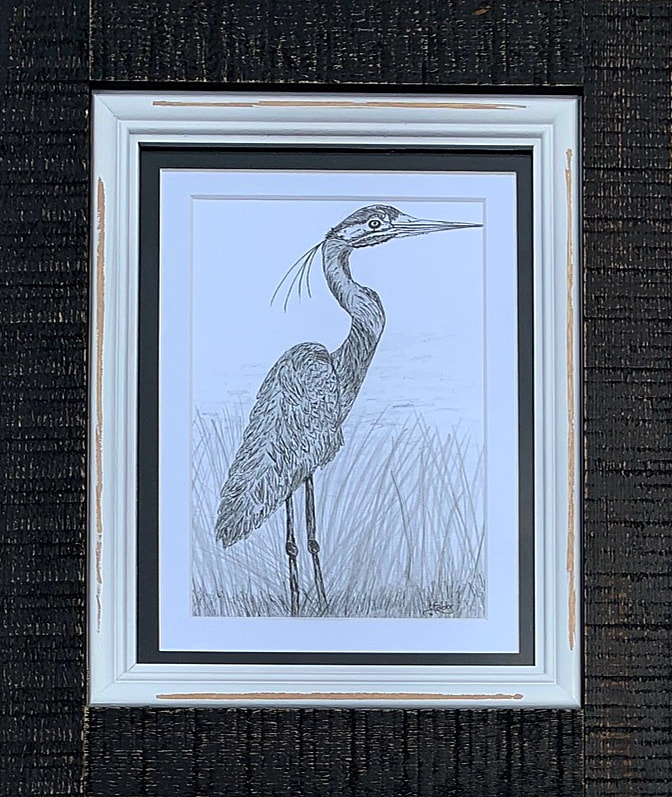 Heron drawing in a black frame.
