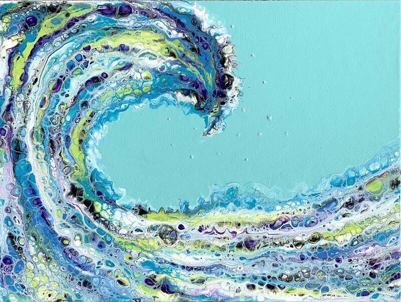 Multi-colored ocean wave painting with mint green background.