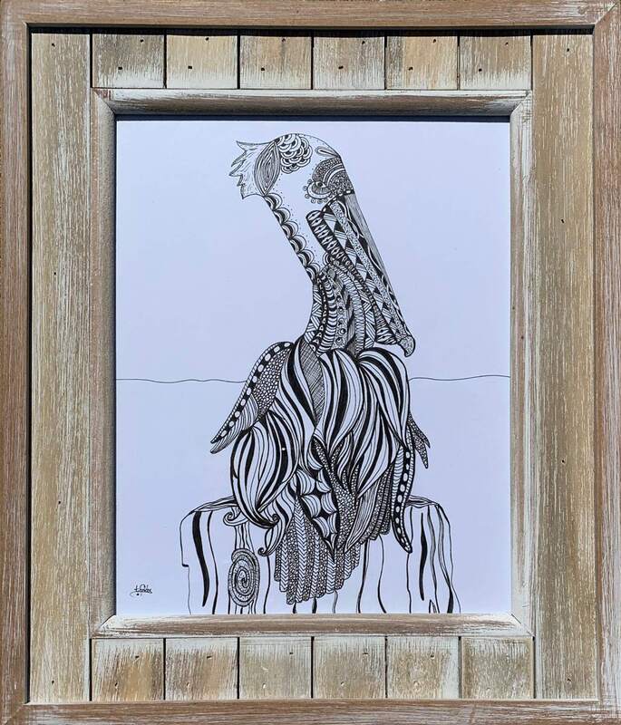 Framed pelican drawing.