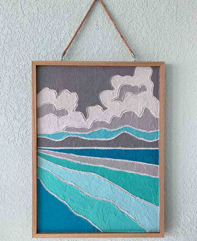 Abstract cloudy sky mountain beach painting