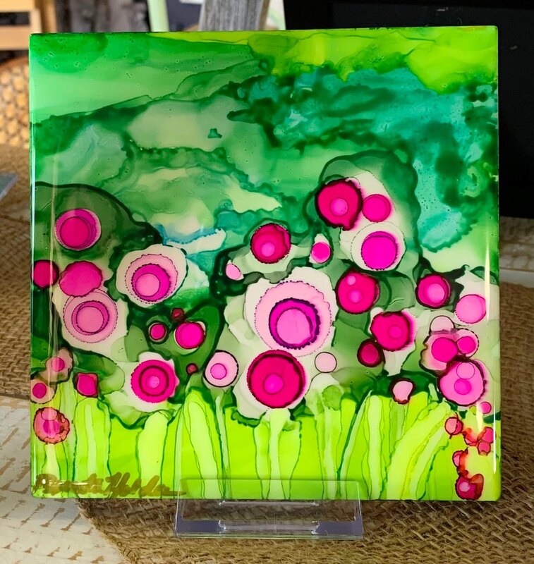 Abstract flowers alcohol ink tile.