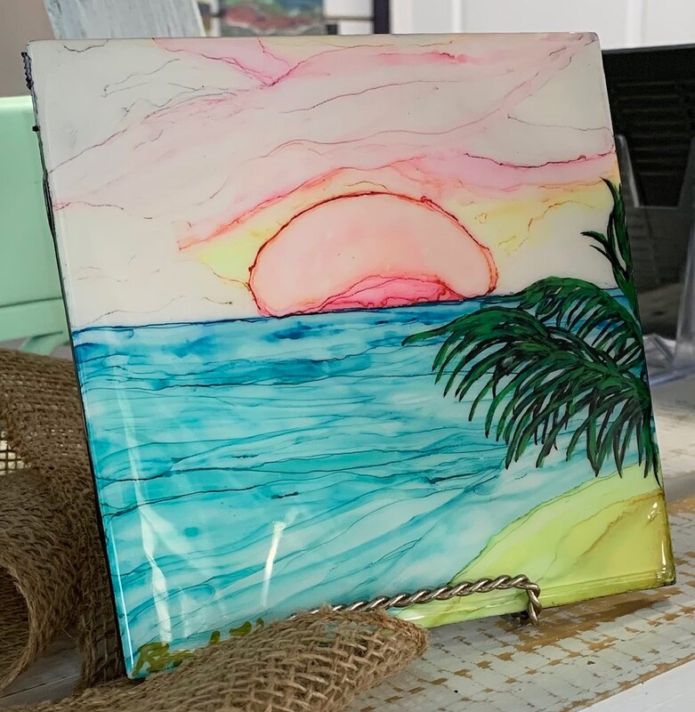 Sunrise palm tree artistic tile.