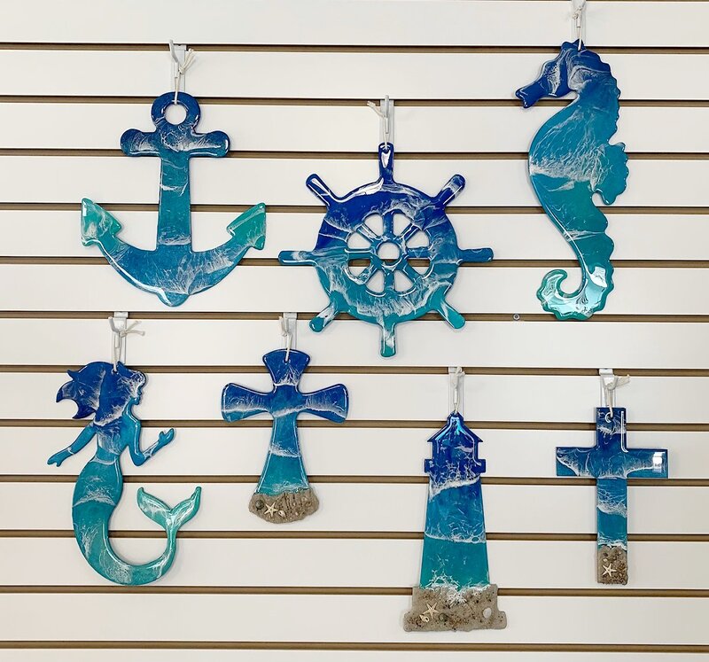 Ocean resin wall art. Ocean resin anchor, ship wheel, seahorse, mermaid, cross and lighthouse.